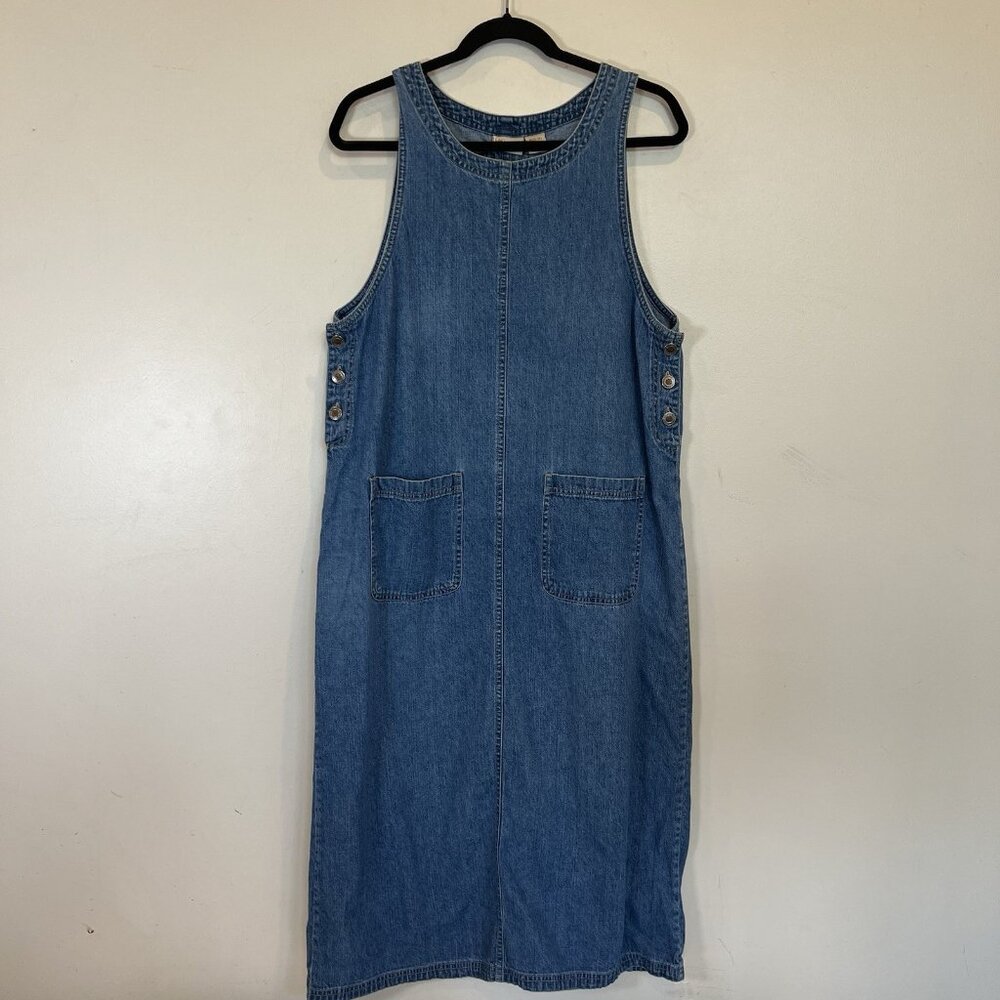 Crossroads Denim Sleeveless Midi Shift Dress Blue Pockets Side Buttons 10
